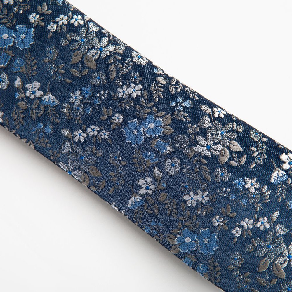 NEW! Navy Blue Skinny Woven Floral Tie - Picture 2 of 4